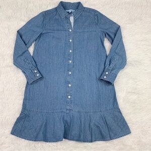Draper James long sleeve chambray shirt dress flounce hem button front blue